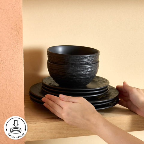 Karaca Solem Embossed 18-Piece Stoneware Dinner Set for 6 People, Black
