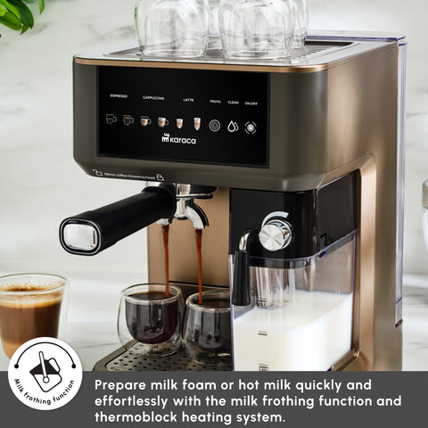 Karaca MyCaffe Barista S10 Espresso, Latte & Cappuccino Coffee Machine with Integrated Milk Tank, 1,8L, 1350W, Walnut Brown