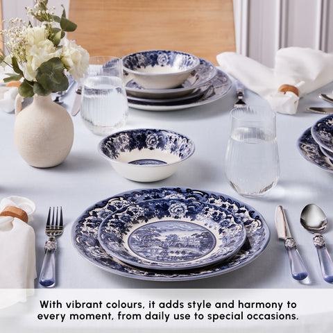 Karaca Old Town 24-Piece Stoneware Dinner Set for 6 People, Blue