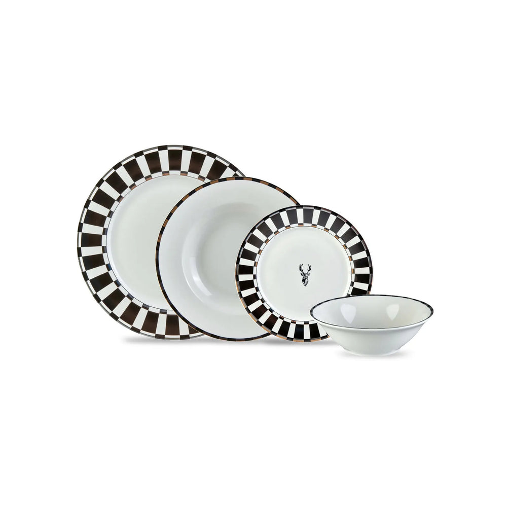 Karaca Aries 24-Piece Bone China Dinner Set for 6 People, Black White