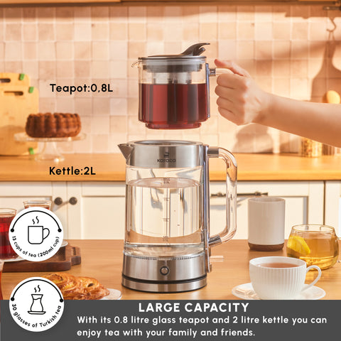 Karaca Luma Glass Large Tea Maker Kettle, 2,8L, 2200W, Clear