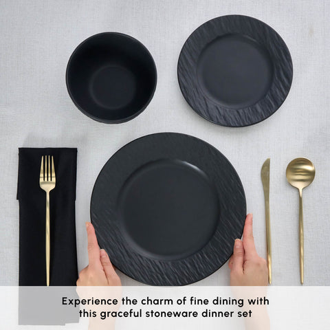 Karaca Solem Embossed 18-Piece Stoneware Dinner Set for 6 People, Black