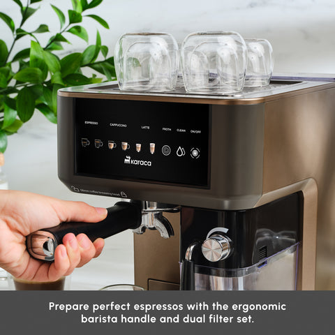 Karaca MyCaffe Barista S10 Espresso, Latte & Cappuccino Coffee Machine with Integrated Milk Tank, 1,8L, 1350W, Walnut Brown