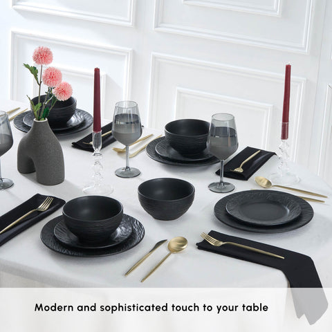 Karaca Solem Embossed 18-Piece Stoneware Dinner Set for 6 People, Black
