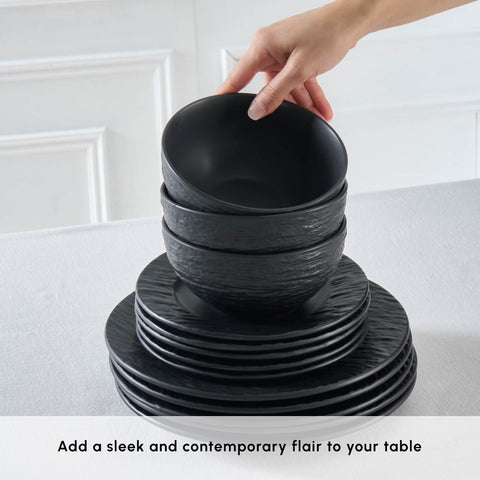 Karaca Solem Embossed 18-Piece Stoneware Dinner Set for 6 People, Black