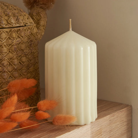 Karaca Home Stripped Pillar Candle, 7x12cm, Ecru