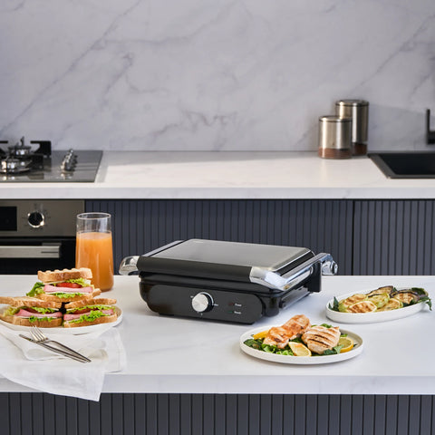 Homend Grilliant 1366UK 2-in-1 Electric Grill & Sandwich Maker 2000 W Compact Contact Grill | 180° Open BBQ Surface, 2000W, Inox