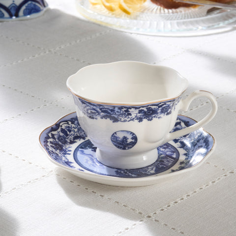 Karaca Old Town 4-Piece Porcelain Tea Cup Set for 2 People, 220ml, Blue