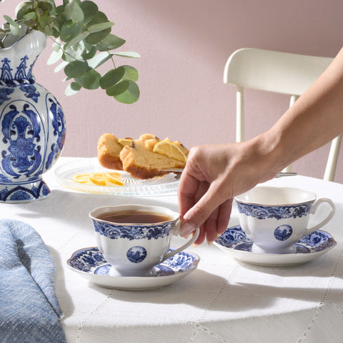 Karaca Old Town 4-Piece Porcelain Tea Cup Set for 2 People, 220ml, Blue