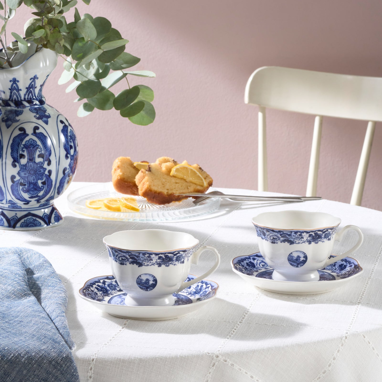 Karaca Old Town 4-Piece Porcelain Tea Cup Set for 2 People, 220ml, Blue