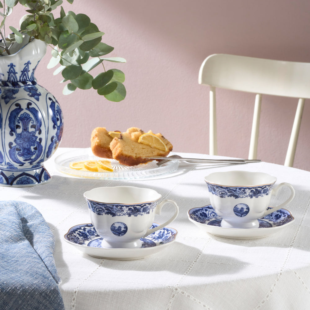 Karaca Old Town 4-Piece Porcelain Tea Cup Set for 2 People, 220ml, Blue