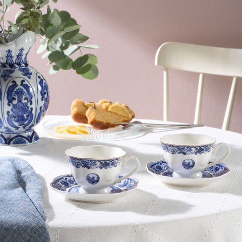 Karaca Old Town 4-Piece Porcelain Tea Cup Set for 2 People, 220ml, Blue