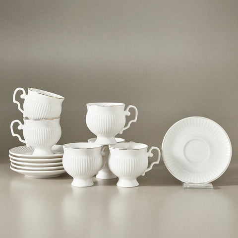 Karaca Malta 12-Piece Porcelain Espresso Turkish Coffee Cup Set for 6 People, 100ml, White Gold