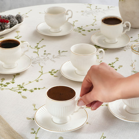 Karaca Malta 12-Piece Porcelain Espresso Turkish Coffee Cup Set for 6 People, 100ml, White Gold