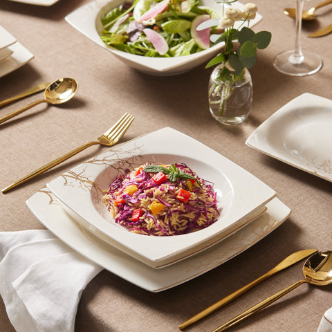 Karaca Square Bone China Autumn 53-Piece Dinner Set for 12 People, White