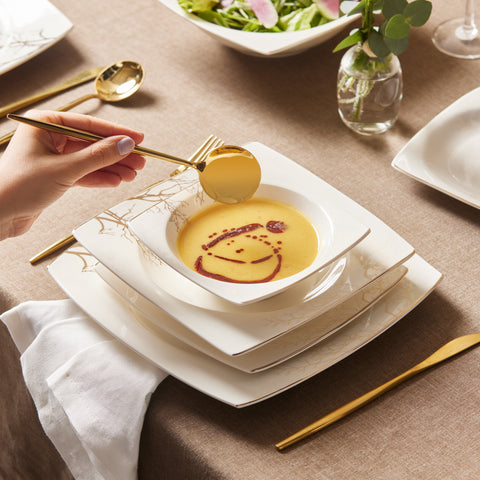 Karaca Square Bone China Autumn 53-Piece Dinner Set for 12 People, White