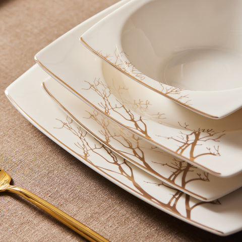 Karaca Square Bone China Autumn 53-Piece Dinner Set for 12 People, White