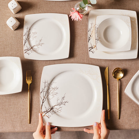 Karaca Square Bone China Autumn 53-Piece Dinner Set for 12 People, White