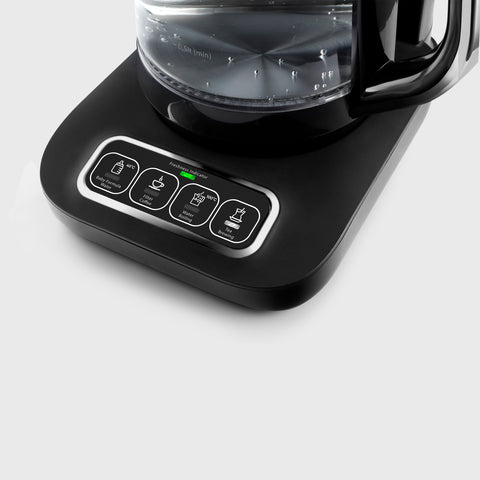 Karaca Çaysever Robotea Pro 4 in 1 Talking Automatic Glass Tea Machine, Water Heater, and Filter Coffee Brewing Machine, 2500W, Black Chrome