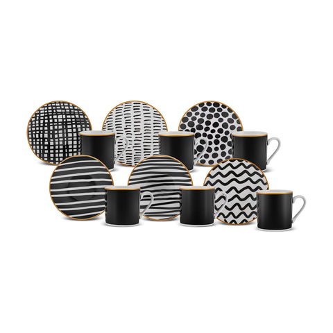 Karaca Toro 12-Piece Bone China Turkish Coffee Cup Set for 6 People, 90ml, Black