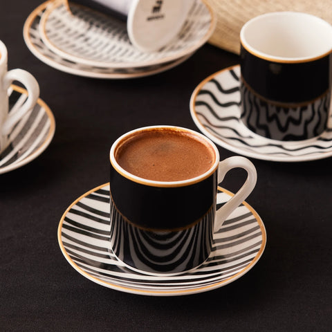 Karaca Toro 12-Piece Bone China Turkish Coffee Cup Set for 6 People, 90ml, Black