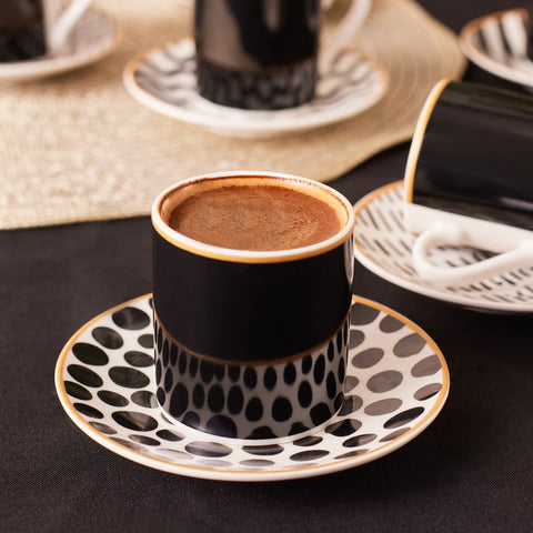 Karaca Toro 12-Piece Bone China Turkish Coffee Cup Set for 6 People, 90ml, Black