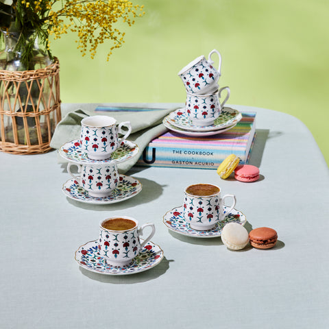 Karaca Ebruli 12-Piece Bone China Espresso Turkish Coffee Cup Set for 6 People, 90ml, Multi