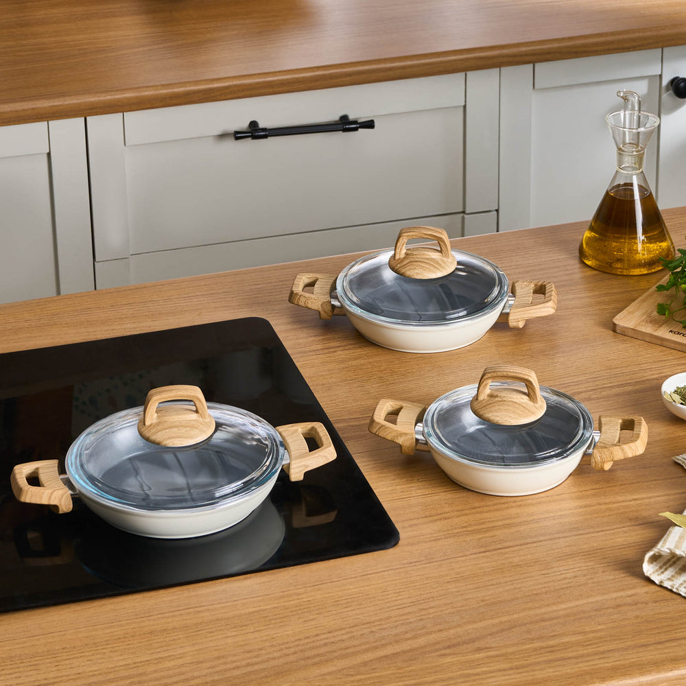 Karaca Swiss Crystal 6 Piece Non-Stick Induction Shallow Cookware Set, Creamy