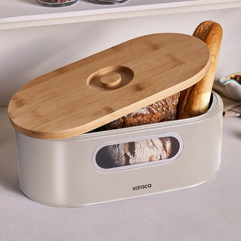 Karaca Stream Multifunctional 2in1 Bread Box / Cutting Board, 33,5x17,5x12,8cm, Cream