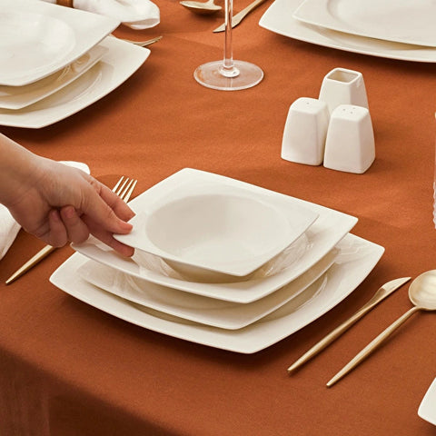 Karaca Square Bone China Mensa 51-Piece Dinner Set for 12 People, White