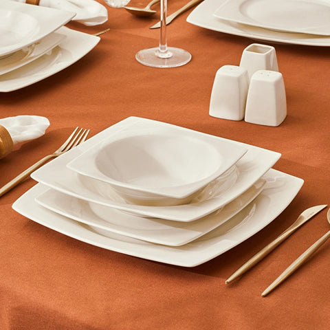 Karaca Square Bone China Mensa 51-Piece Dinner Set for 12 People, White