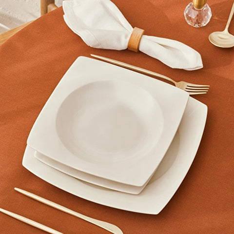 Karaca Square Bone China Mensa 51-Piece Dinner Set for 12 People, White