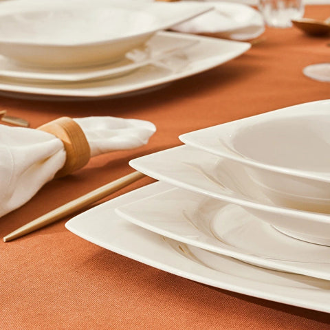 Karaca Square Bone China Mensa 51-Piece Dinner Set for 12 People, White