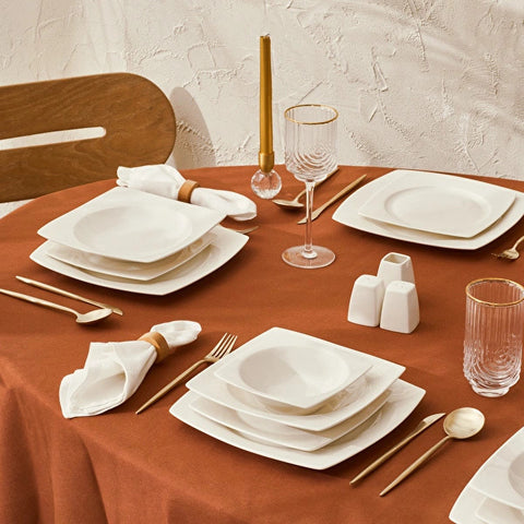 Karaca Square Bone China Mensa 51-Piece Dinner Set for 12 People, White