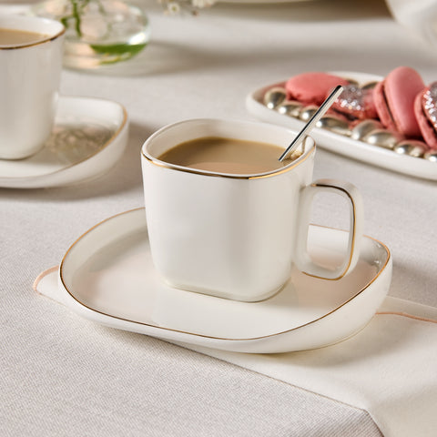 Karaca Streamline Plato 4-Piece Tea Cup and Saucer Set for 2 People, 220ml, White