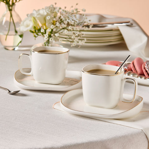 Karaca Streamline Plato 4-Piece Tea Cup and Saucer Set for 2 People, 220ml, White