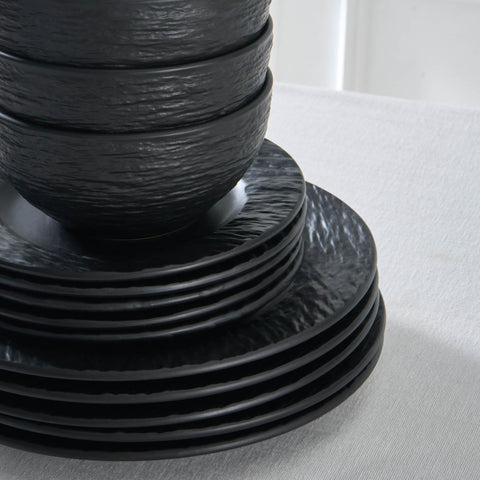 Karaca Solem Embossed 18-Piece Stoneware Dinner Set for People, Black