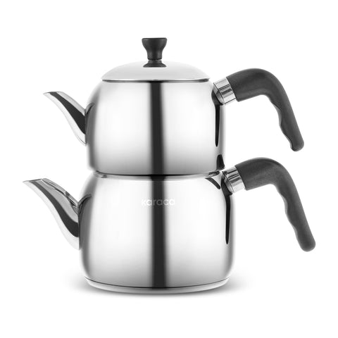 Karaca Nero Stainless Steel Midi Size Teapot Set, Large, Silver