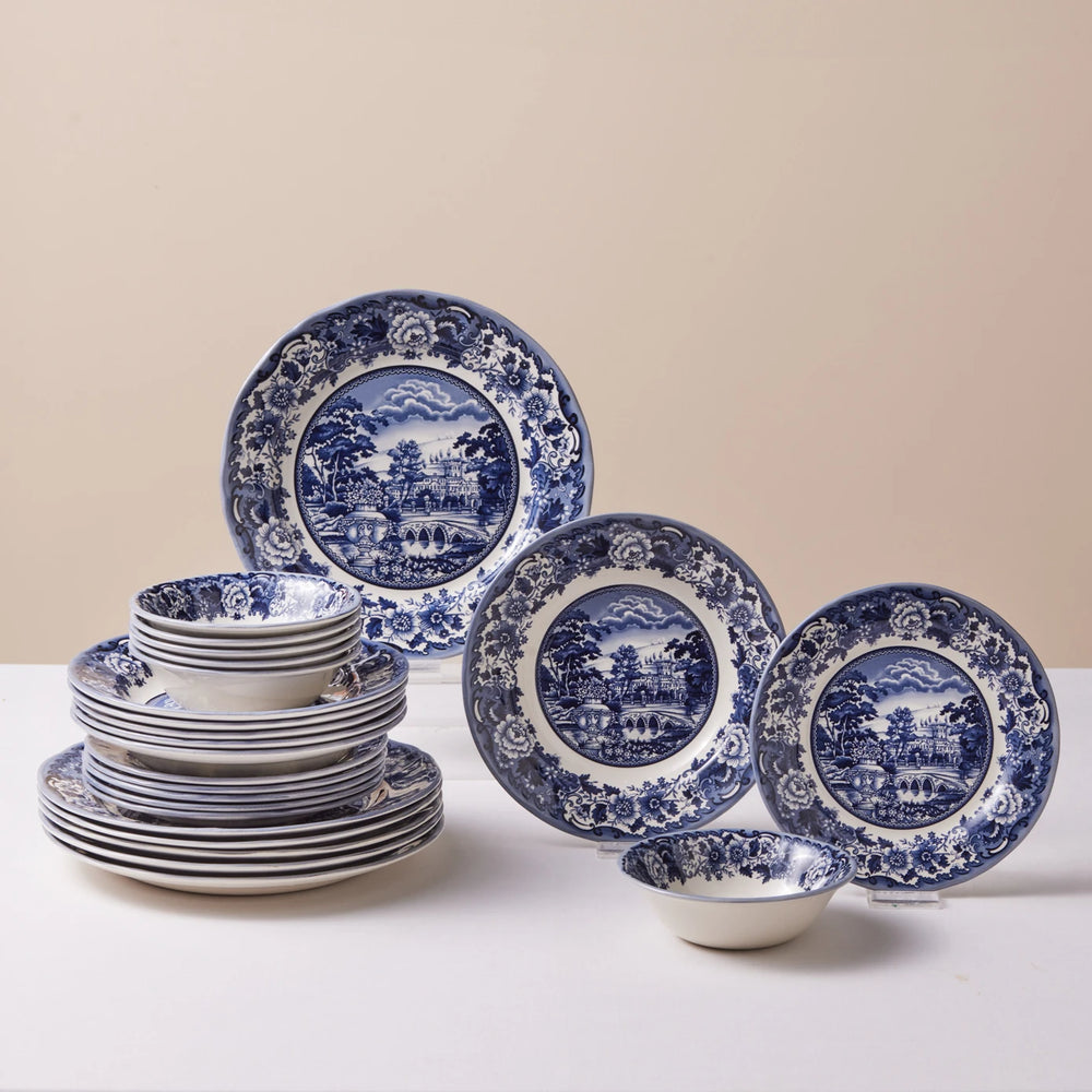 Karaca Old Town 24-Piece Stoneware Dinner Set for 6 People, Blue