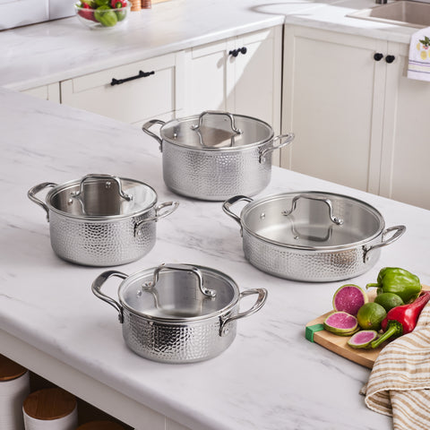 Karaca Powersteel 316+ Enzo 3Ply 8-Piece Stainless Steel Induction Cookware Set, Silver