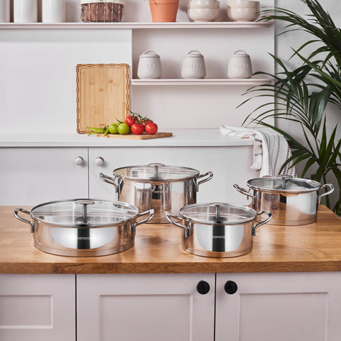 Karaca Vapor New 8-Piece Stainless Steel Induction Cookware Set with Strainer, Silver