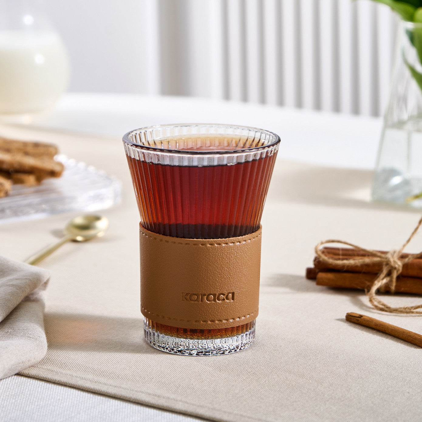 Karaca Leather Cool Touch Latte Coffee Glass, 210 Ml, Brown