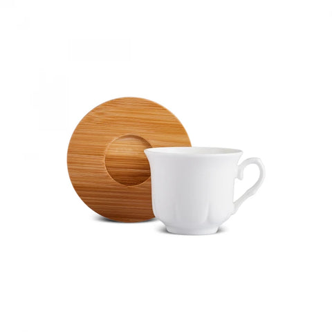 Karaca Bamboo Tray Bone China Coffee Cup Set for 6 People, 90ml, White