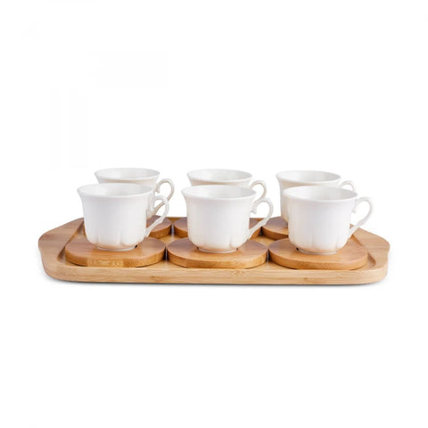 Karaca Bamboo Tray Bone China Coffee Cup Set for 6 People, 90ml, White