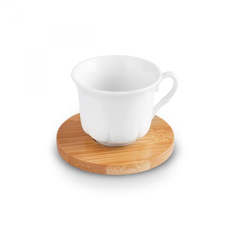 Karaca Bamboo Tray Bone China Coffee Cup Set for 6 People, 90ml, White
