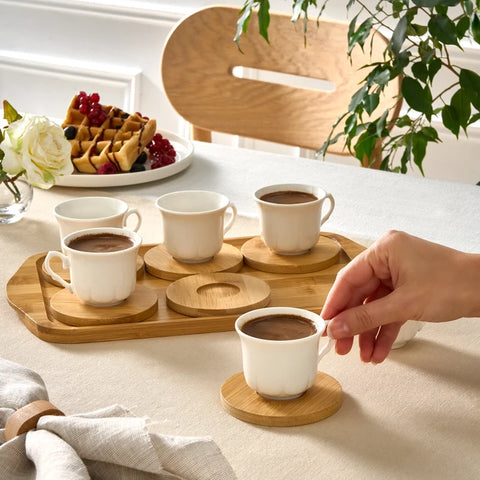 Karaca Bamboo Tray Bone China Coffee Cup Set for 6 People, 90ml, White