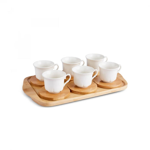 Karaca Bamboo Tray Bone China Coffee Cup Set for 6 People, 90ml, White