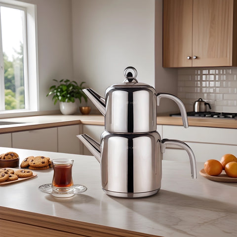 Karaca New Mani Stainless Steel Midi Size Teapot Set, Large, Silver