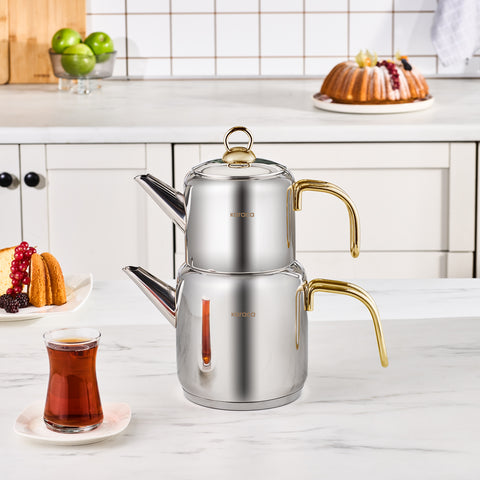 Karaca New Mira Midi Size Stainless Steel Teapot Set, Large, Gold
