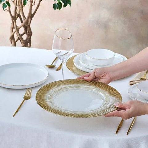 Karaca Marisa Round Glitter Placemat, Gold & White, 33cm